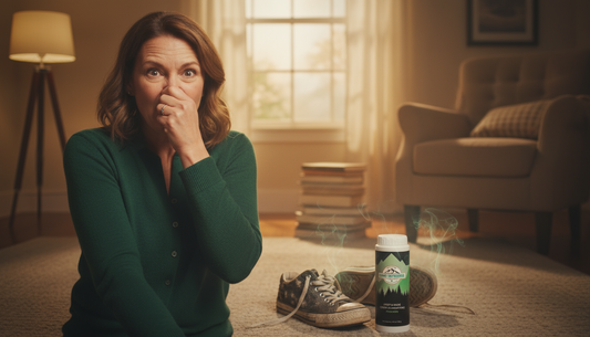 Parent dealing with teenager's stinky shoes in the living room