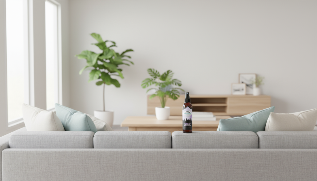 Natural air freshener bottle in a fresh, modern living room with green plants and natural light