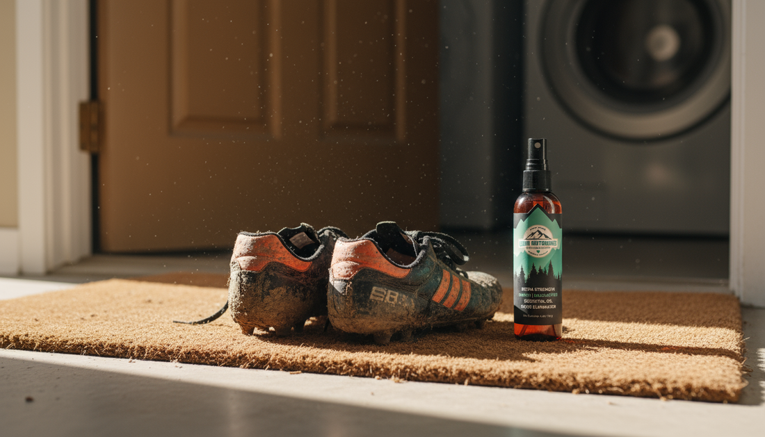 Muddy youth soccer cleats on a doormat with a natural shoe deodorizer nearby, ready for cleaning.