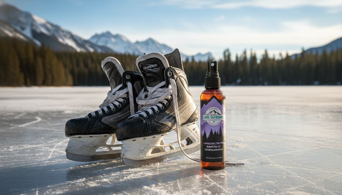 Lumi outdoors lavender tea tree shoe deodorizer spray cleaning a pair of hockey skates