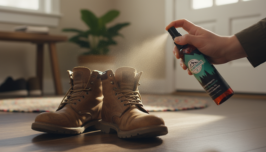 Spraying deodorizer into unwashable boots to remove smell without water
