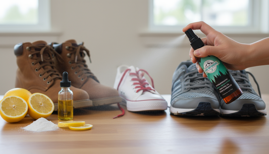 Natural ingredients for DIY shoe deodorizer recipes displayed with leather, canvas, and mesh shoes
