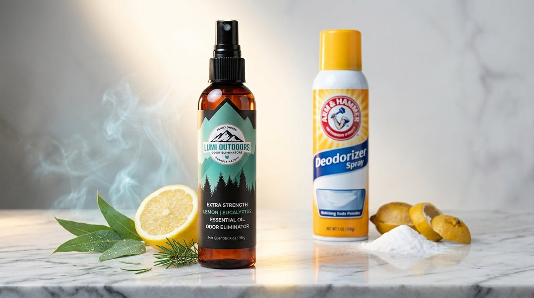 A bottle of Lumi Outdoors spray next to a generic blurry aerosol can in front of tan leather work boots on a slate floor.