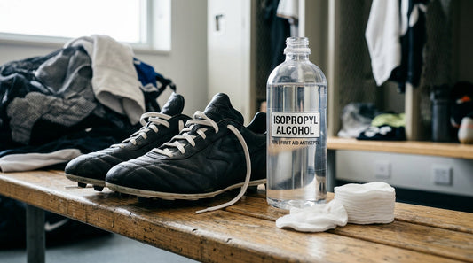 Rubbing alcohol bottle and cotton pads next to leather football boots on a locker room bench