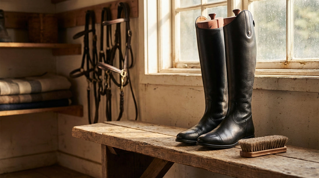 Polished black leather tall riding boots with cedar boot trees standing on a weathered wooden bench in a sunlit tack room