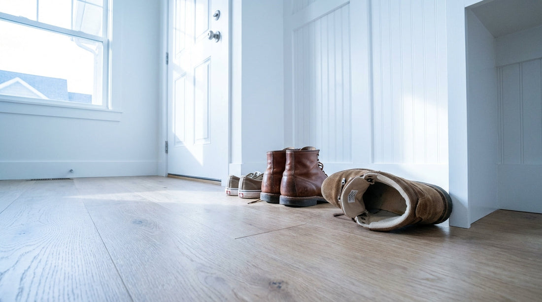 A pair of leather work boots and athletic sneakers kicked off in a clean, sunlit mudroom entryway, highlighting the choice between spray and powder solutions.