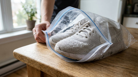 White sneakers in a clear plastic freezer bag with frost on the mesh, illustrating why shoes still smell after freezing them overnight.