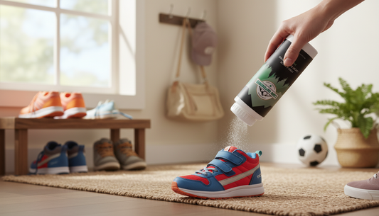 Natural Foot Powder sprinkled in kids' shoes in a family home entryway for odor-free freshness