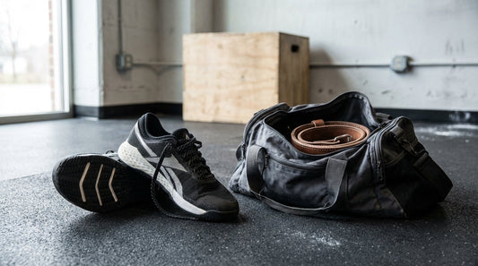 Black and white CrossFit training shoes with rubber rope-wraps sitting on a textured gym floor mat next to an unzipped nylon gym bag.