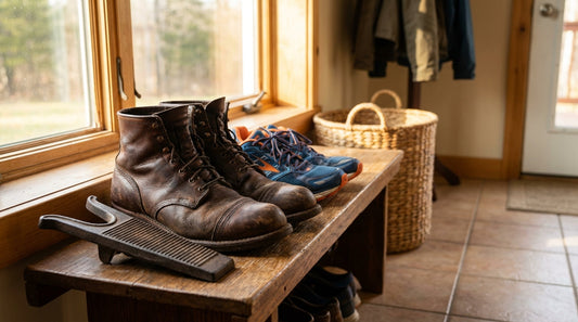 Weathered leather work boots and synthetic running shoes sitting on a wooden mudroom bench with natural window light.