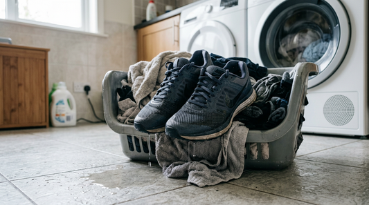 Damp mesh running shoes sitting in a laundry basket next to a washing machine, looking wet and saturated.