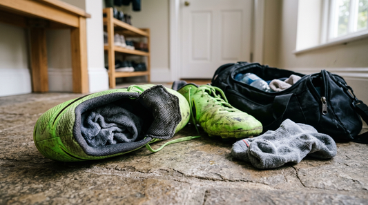 Worn neon green soccer cleats, crumpled gray athletic socks, and an unzipped black nylon gym bag on a stone tile mudroom floor.