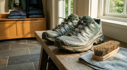 A pair of Salomon-style trail running shoes with Quicklace systems and aggressive lugs sitting on a weathered wooden bench next to a soft cleaning brush.