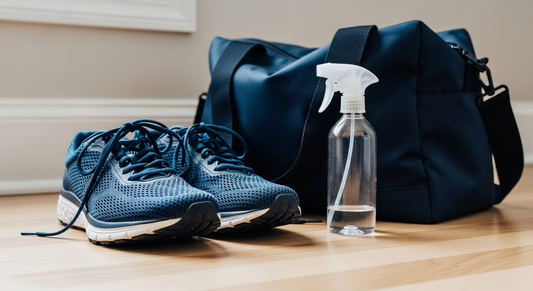 Navy blue mesh running sneakers and a gym bag on a wooden floor after shoe smell comes back days after treating it.
