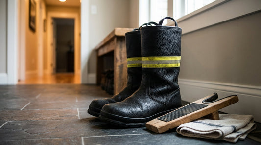 A pair of heavy black leather firefighter boots with yellow reflective bands on a slate tile floor next to a wooden boot jack.