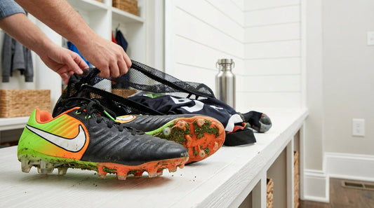 Neon-accented youth football cleats resting on a white mudroom bench next to a mesh bag and water bottle for proactive odor prevention for youth football cleats.