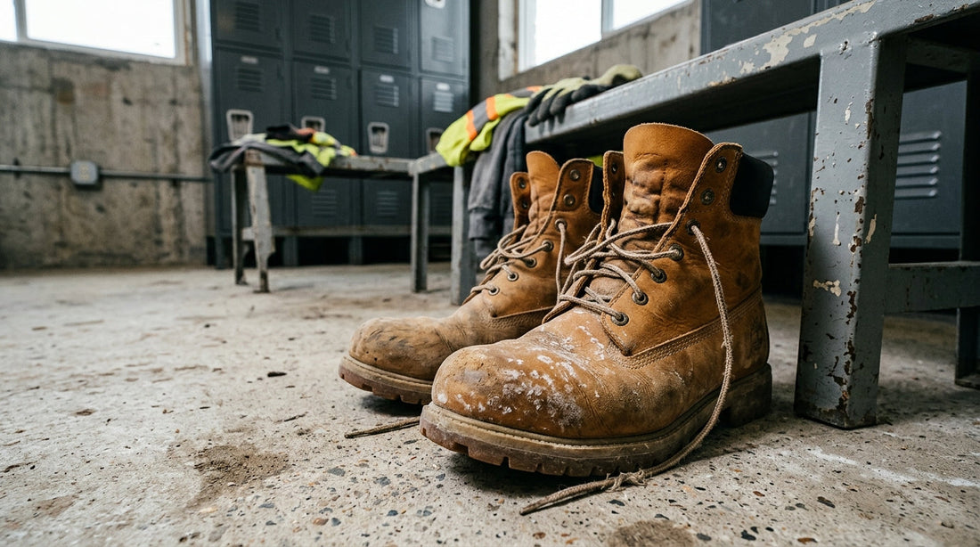 Heavy-duty tan leather work boots with steel toes sitting on a concrete floor next to a metal locker bench, illustrating why boots smell like vomit.