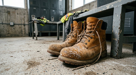 Heavy-duty tan leather work boots with steel toes sitting on a concrete floor next to a metal locker bench, illustrating why boots smell like vomit.