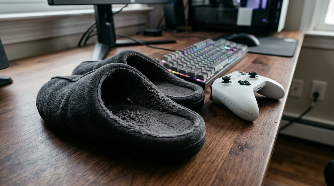 Plush charcoal fleece slippers resting on a dark wood desk next to a white gaming controller and a backlit mechanical keyboard.