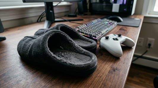 Plush charcoal fleece slippers resting on a dark wood desk next to a white gaming controller and a backlit mechanical keyboard.