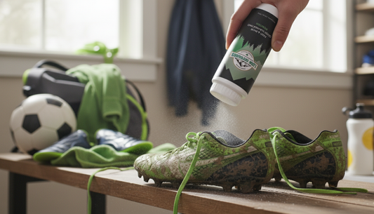 Natural Foot Powder sprinkled in teenager's funky soccer cleats for natural shoe deodorizing and odor elimination