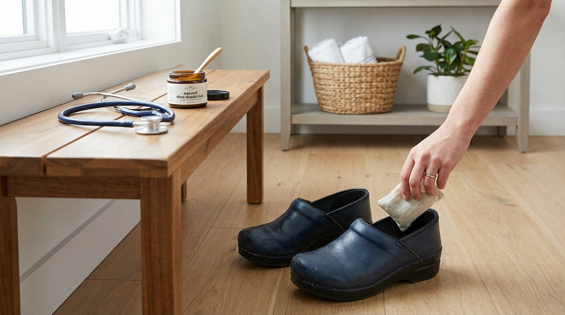A pair of white professional nursing clogs and a stethoscope on a modern entryway bench.