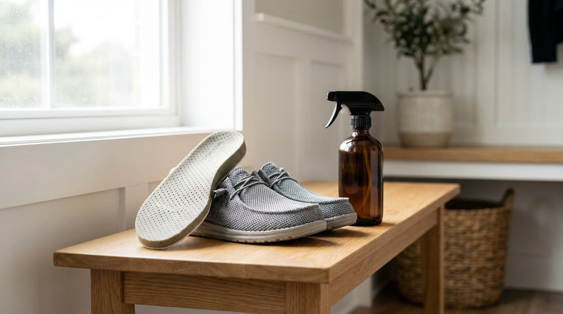 A pair of gray knit slip-on loafers with one foam insole removed on a light oak bench beside an amber spray bottle, illustrating the lumi outdoors hey dude shoe deodorizer process.