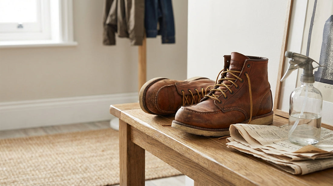 Worn leather work boots on a wooden bench with crumpled newspaper and a spray bottle nearby representing 5 fast fixes for your funky shoes.