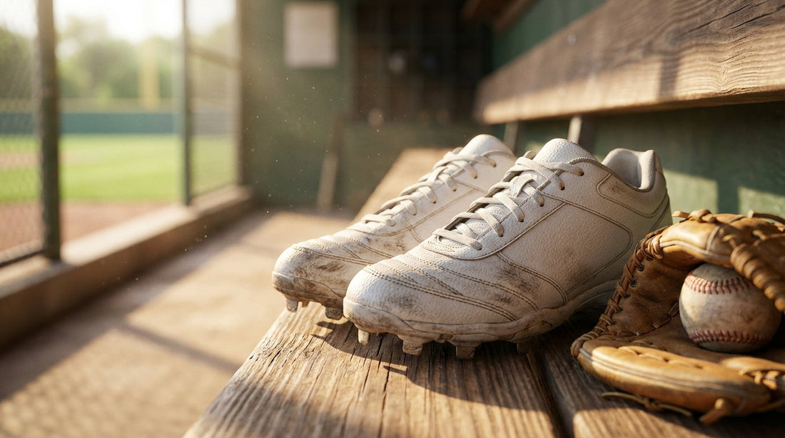 A pair of white baseball cleats, a leather glove, and a baseball on a wooden dugout bench in soft morning light.