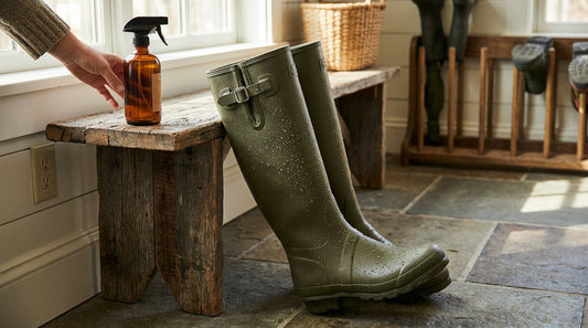A pair of tall olive green rubber fishing boots leaning against a weathered wooden bench in a mudroom with an amber spray bottle nearby.