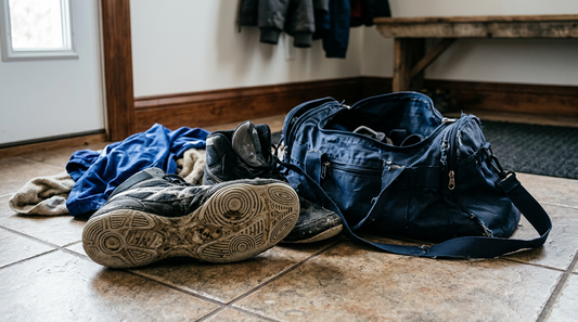 Worn wrestling shoes and a gym bag on a tiled floor near an entryway