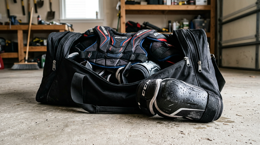 A damp black nylon hockey bag left open on a concrete garage floor with a chest protector and elbow pads spilling out.