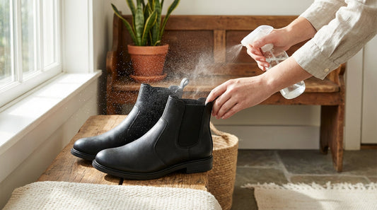 A person's hands using a spray bottle to treat black vegan leather Chelsea boots on a wooden mudroom bench.