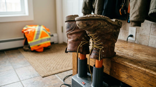 Scuffed leather work boots with yellow laces sitting on an electric boot dryer in a home entryway.