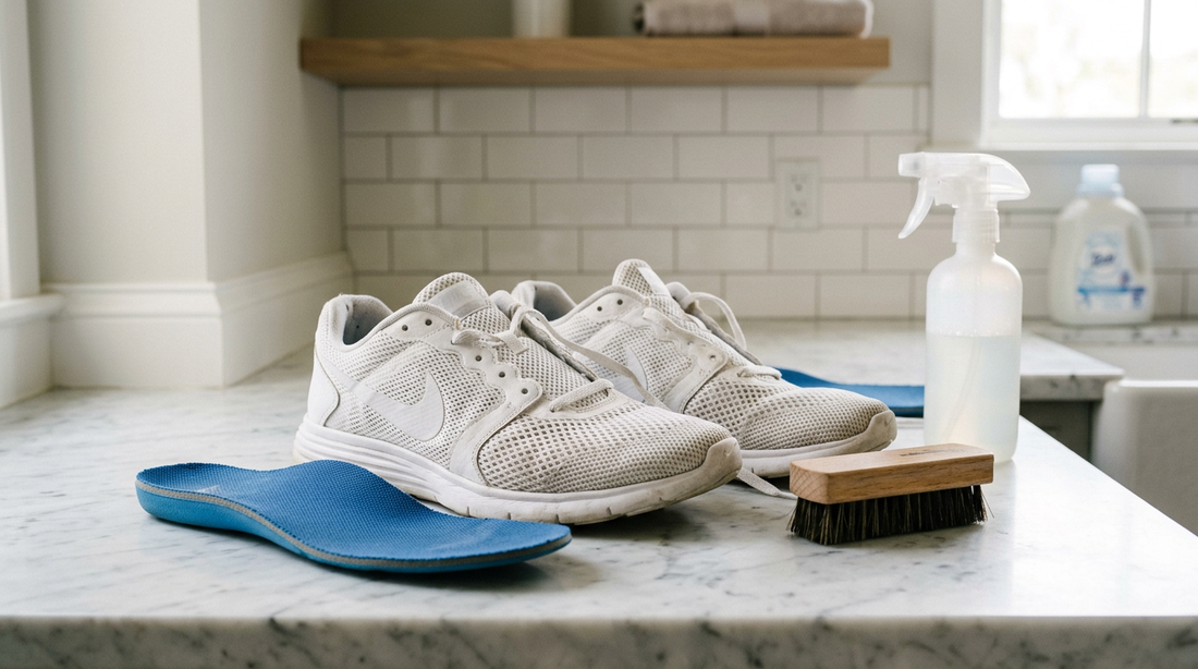 A pair of white mesh sneakers with blue foam insoles removed, sitting on a marble laundry room counter next to a cleaning brush.