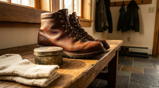 High-quality full-grain leather boots sitting on a wooden bench next to a tin of foot powder and wool socks.