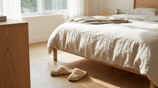 A pair of plush slippers sitting on a light hardwood floor next to a sunlit window.