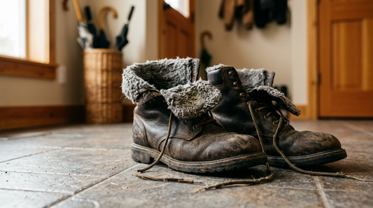 Close up of worn leather work boots with matted synthetic lining on a mudroom floor.