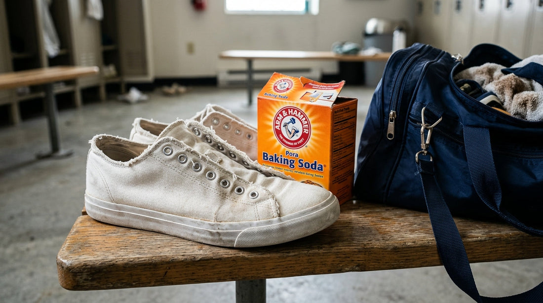 White canvas gym sneakers and a box of baking soda on a gym bench, illustrating how baking soda shoe smell worse when mixed with sweat.