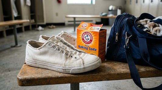 White canvas gym sneakers and a box of baking soda on a gym bench, illustrating how baking soda shoe smell worse when mixed with sweat.