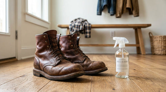Pair of heavy leather work boots on a wooden mudroom floor with a spray bottle nearby to stop work shoes from smelling.