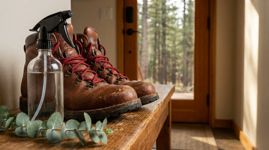 A pair of worn-in brown leather hiking boots with red laces next to a spray bottle and fresh eucalyptus leaves on a wooden entryway bench.