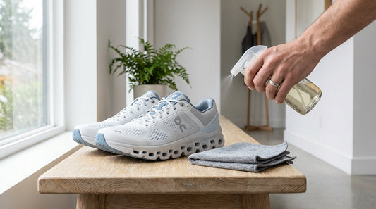On Cloudsurfer running shoes on a wooden bench with a natural spray bottle and microfiber cloth nearby.