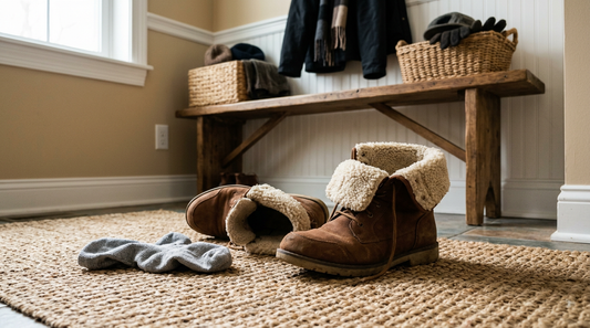 A pair of chestnut synthetic sherpa boots kicked off haphazardly on a textured jute doormat near an entryway bench.
