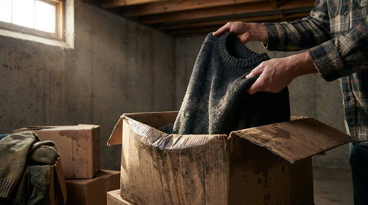 Someone holding a musty wool sweater pulled from a damp cardboard box in a basement corner