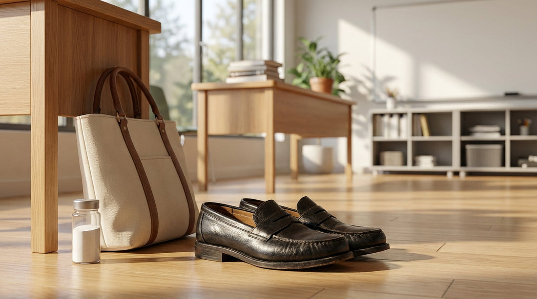 Professional leather loafers and a teacher's tote bag on a classroom floor with a bottle of foot powder nearby.