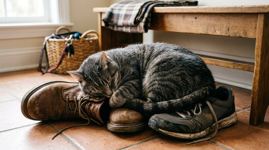 A grey tabby cat curled into a ball sleeping on top of a brown leather work boot and a pair of mesh gym sneakers in a sunlit entryway.