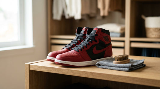A pair of red and black Jordan 1 high-top sneakers resting on a clean oak shelf next to a folded microfiber cloth and a wooden brush.