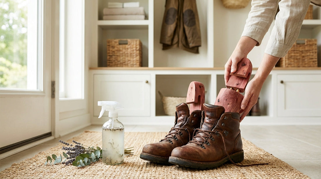 Clean entryway with leather boots, cedar shoe trees, and a spray bottle representing 6 ways to naturally deodorize your shoes.