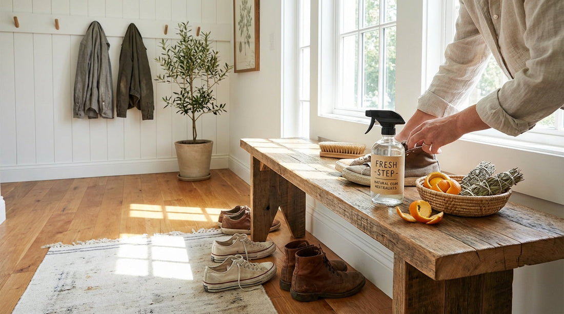 A bright home entryway with family sneakers and boots featuring a natural spray bottle on a wooden console table.